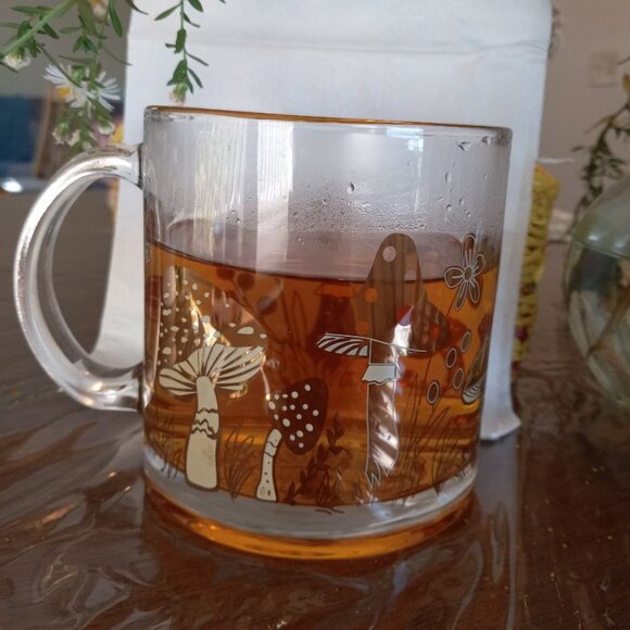 Gold Mushroom Clear Glass coffee/tea Mug (cottagecore) - Picture 2 of 5
